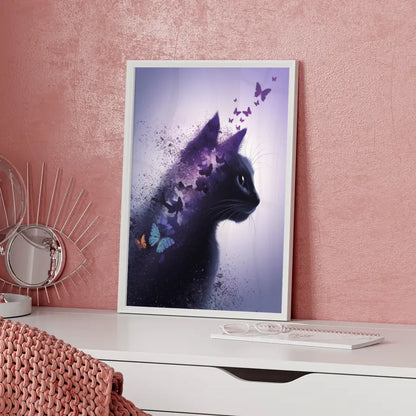 Faszinierendes Katzenkopf Poster mit Schmetterlingen und sanften Farben