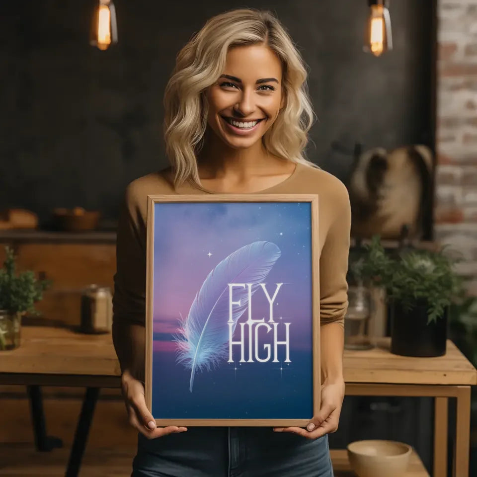 Poster mit Pastellfeder und inspirierendem Zitat FLY HIGH für dein Zuhause