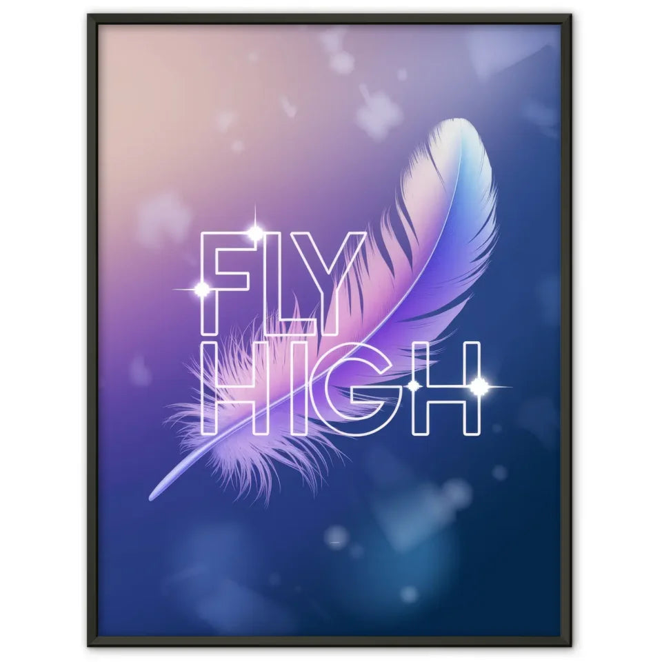 Poster mit Pastellfeder und inspirierendem Zitat FLY HIGH für dein Zuhause