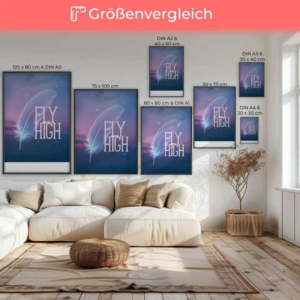 Poster mit Pastellfeder und inspirierendem Zitat FLY HIGH für dein Zuhause