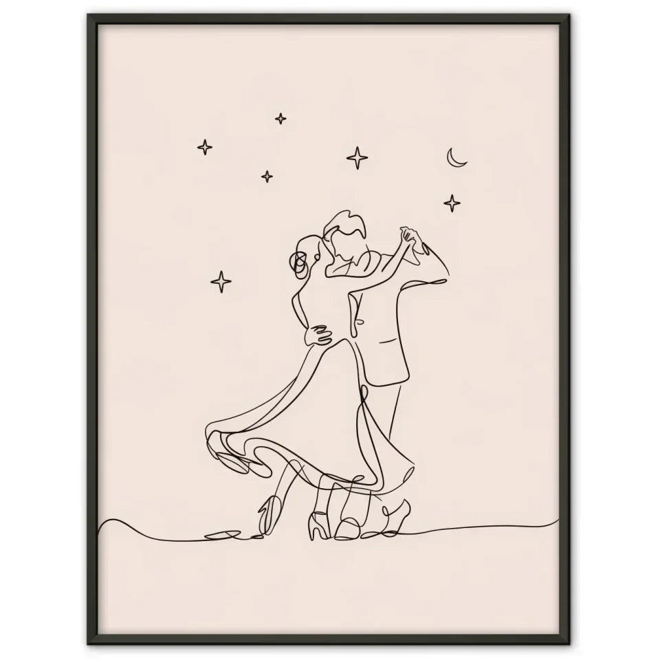 Minimalistisches Poster Paar unter sternenklarem Nachthimmel tanzen