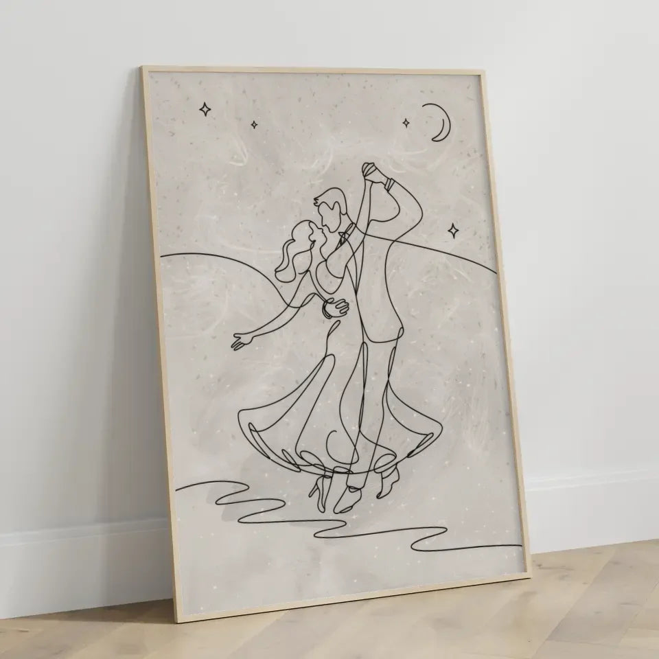 Minimalistisches Poster Paar unter sternenklarem Nachthimmel tanzen