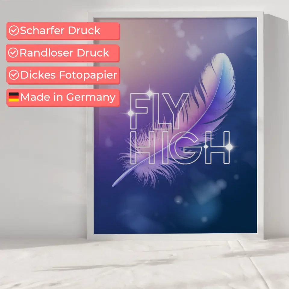 Poster mit Pastellfeder und inspirierendem Zitat FLY HIGH für dein Zuhause