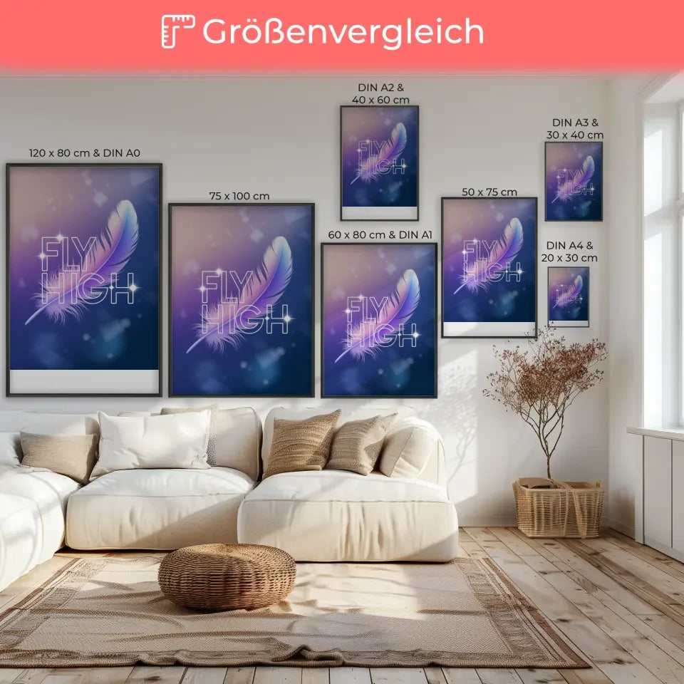 Poster mit Pastellfeder und inspirierendem Zitat FLY HIGH für dein Zuhause