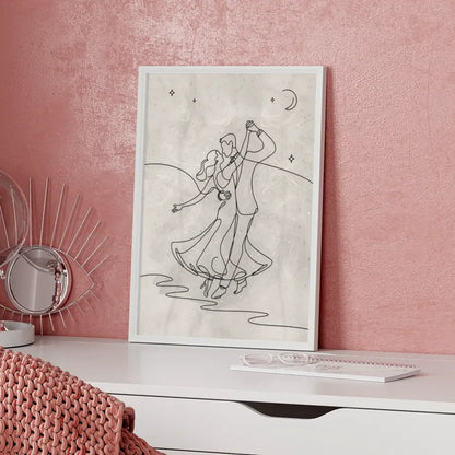 Minimalistisches Poster Paar unter sternenklarem Nachthimmel tanzen