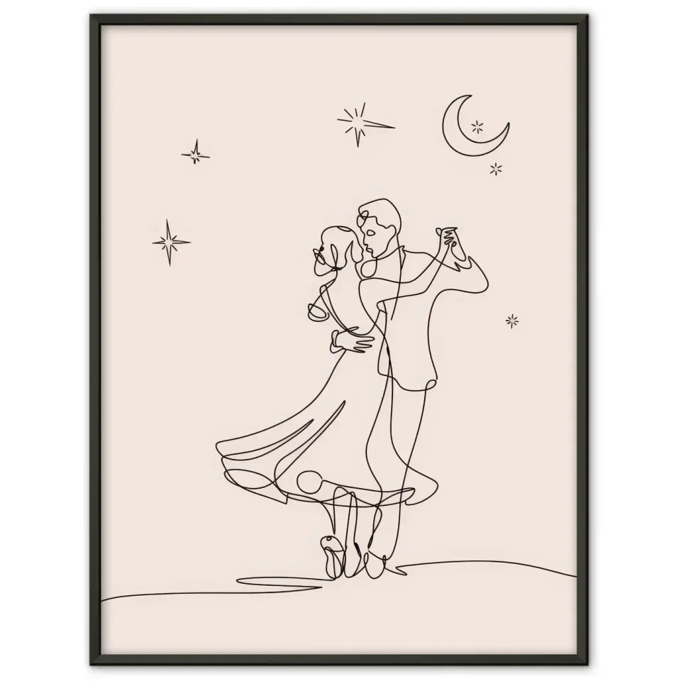 Minimalistisches Poster Paar unter sternenklarem Nachthimmel tanzen