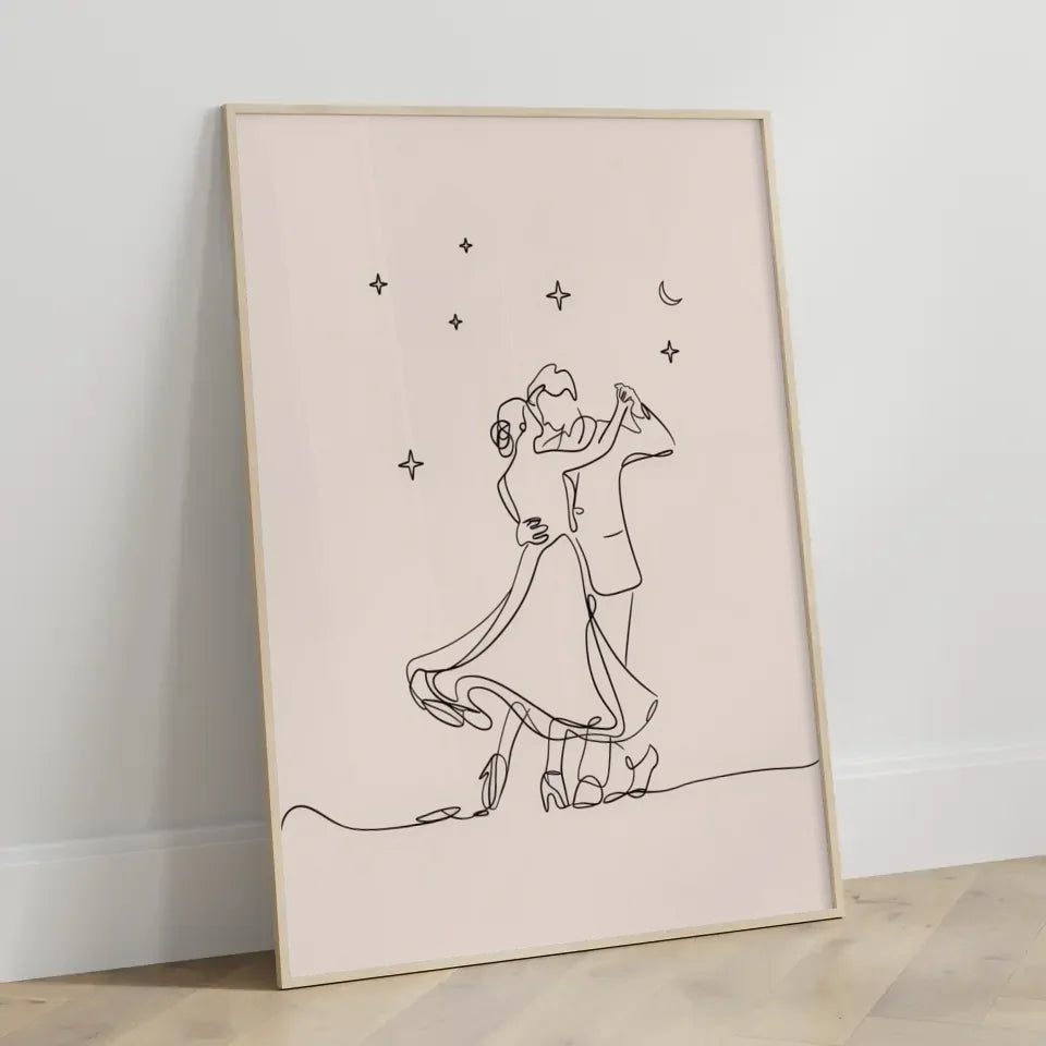 Minimalistisches Poster Paar unter sternenklarem Nachthimmel tanzen