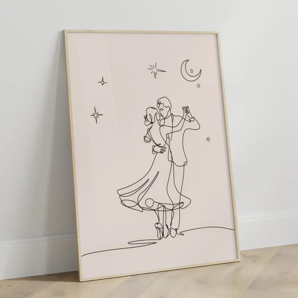 Minimalistisches Poster Paar unter sternenklarem Nachthimmel tanzen