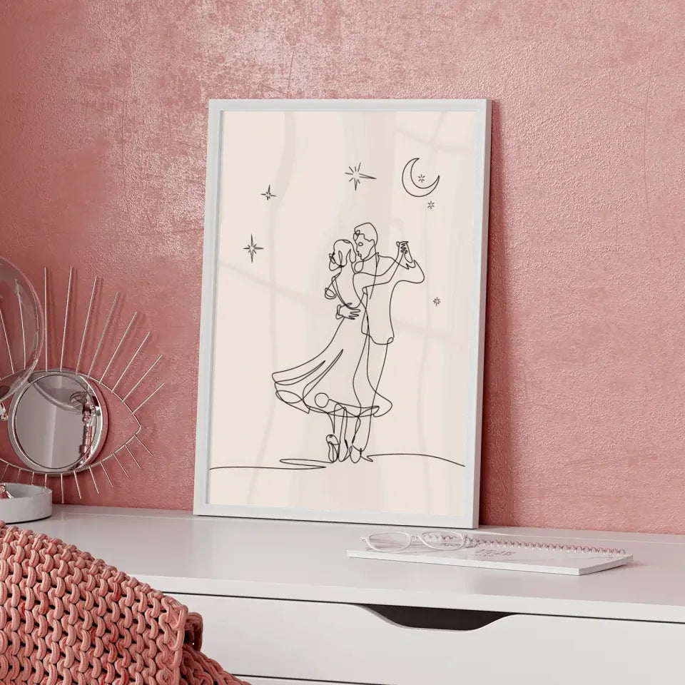 Minimalistisches Poster Paar unter sternenklarem Nachthimmel tanzen