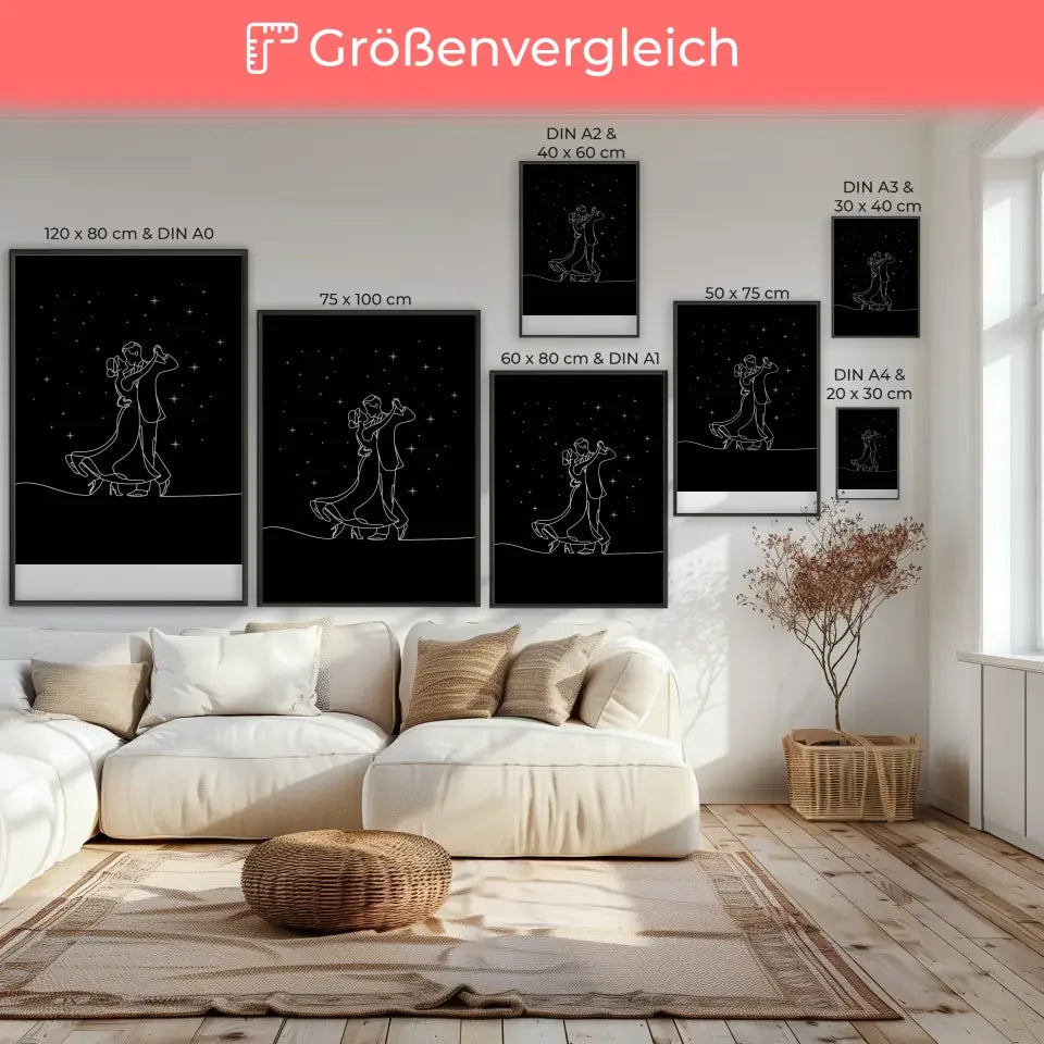 Poster minimalistische Strichzeichnung romantisches Paar unter Sternen