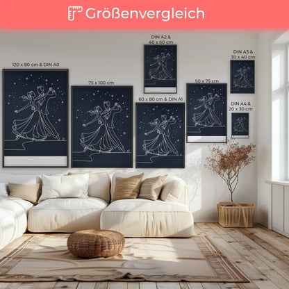 Romantisches Poster minimalistische Strichzeichnung Paar tanzt unter Sternen