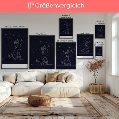 Romantisches Poster minimalistische Strichzeichnung Paar tanzt unter Sternen