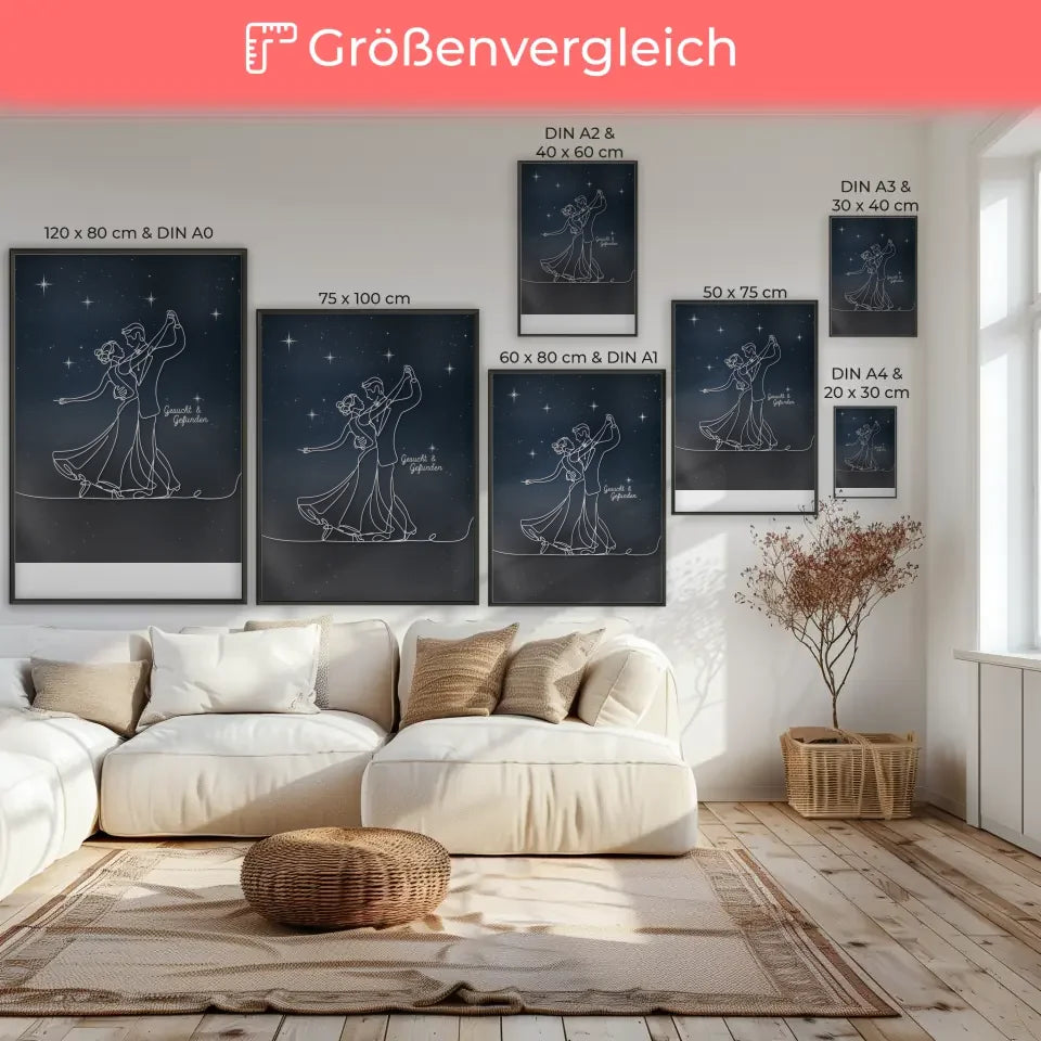 Minimalistisches Poster romantisches Paar Nachthimmel tanzend