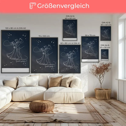 Minimalistisches Poster romantisches Paar Nachthimmel tanzend