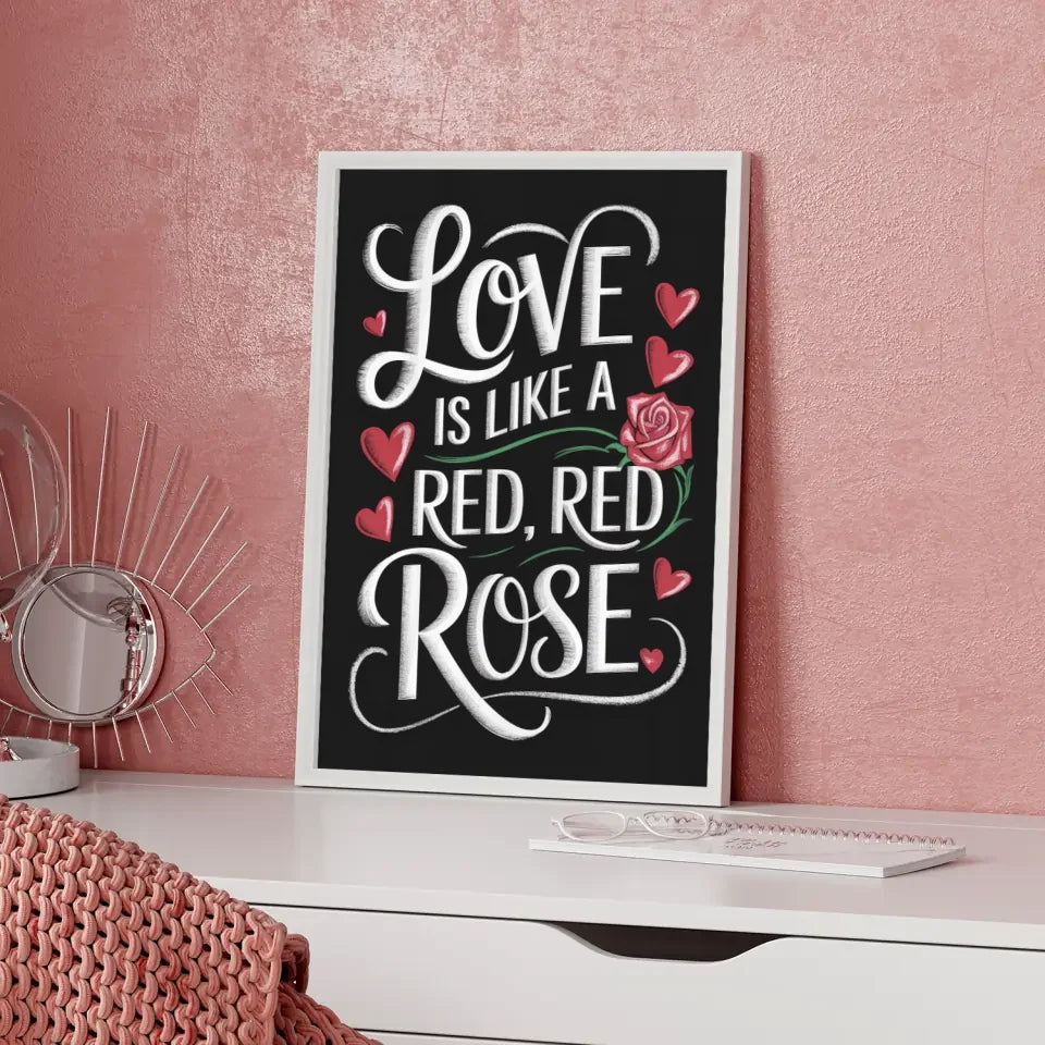 Poster mit leuchtender LOVE Leuchtreklame in Rosa und Orange