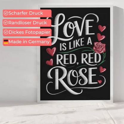 Poster mit leuchtender LOVE Leuchtreklame in Rosa und Orange