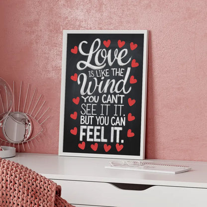 Poster mit leuchtender LOVE Leuchtreklame in Rosa und Orange