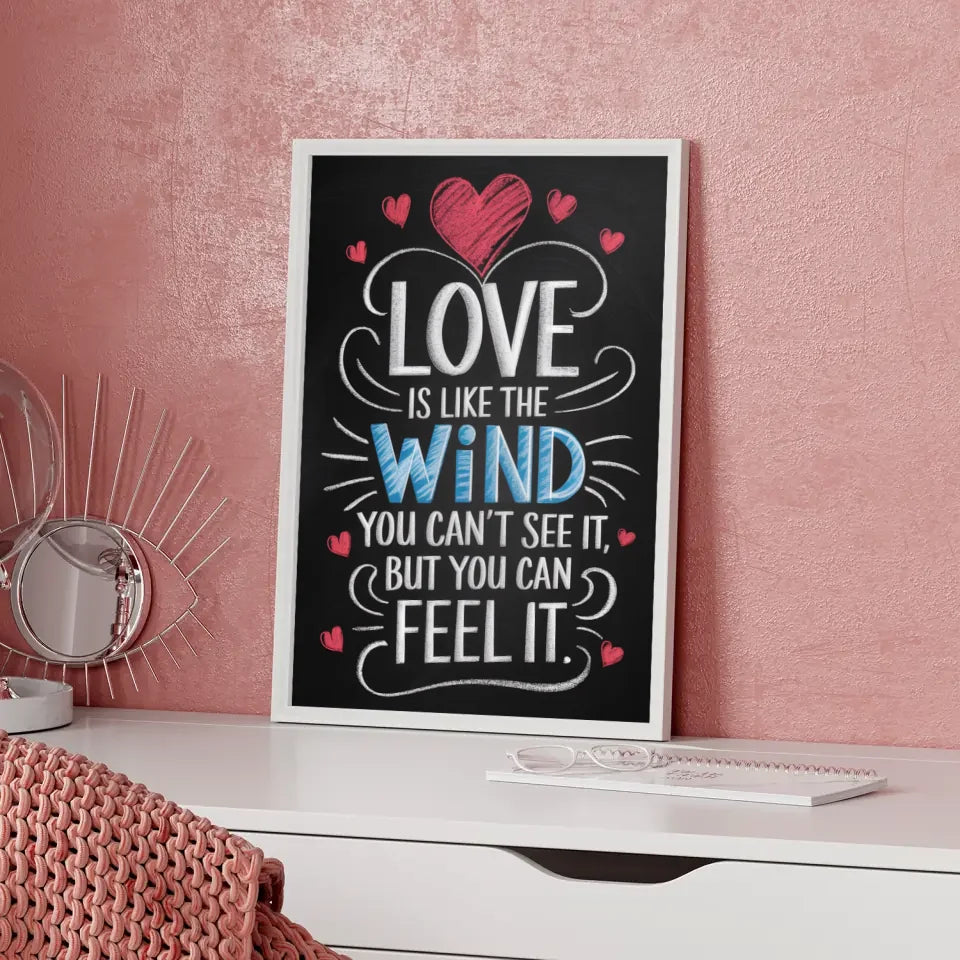 Poster mit leuchtender LOVE Leuchtreklame in Rosa und Orange