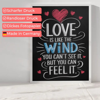 Poster mit leuchtender LOVE Leuchtreklame in Rosa und Orange