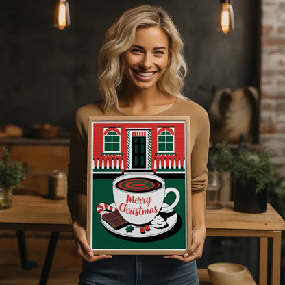 Weihnachtlicher Poster mit Tasse und Merry Christmas Illustration