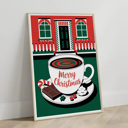 Weihnachtlicher Poster mit Tasse und Merry Christmas Illustration