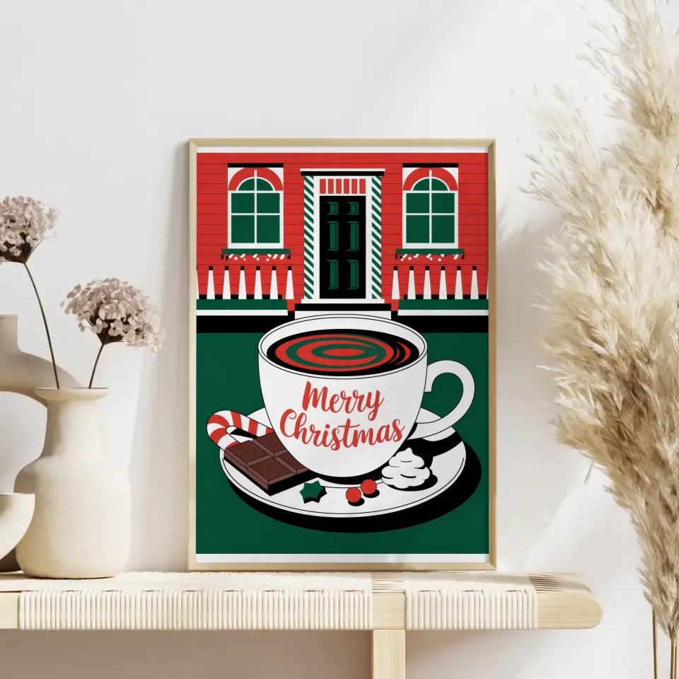 Weihnachtlicher Poster mit Tasse und Merry Christmas Illustration