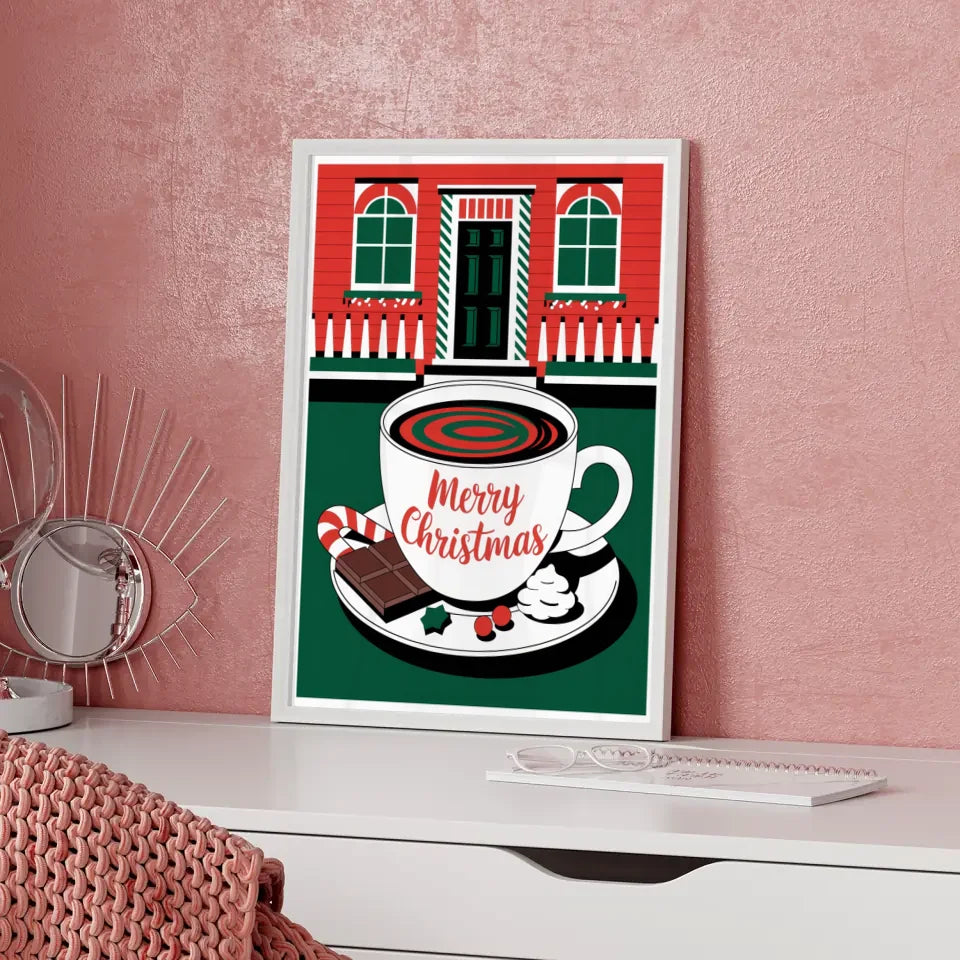 Weihnachtlicher Poster mit Tasse und Merry Christmas Illustration