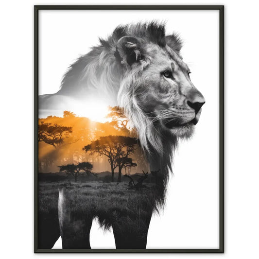 Majestätischer Löwen Poster mit afrikanischem Sonnenaufgangsdesign