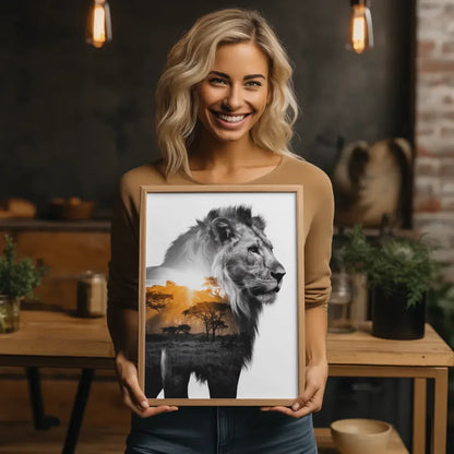 Majestätischer Löwen Poster mit afrikanischem Sonnenaufgangsdesign