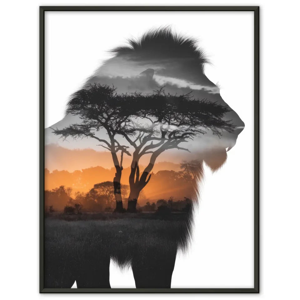 Majestätischer Löwen Poster mit afrikanischem Sonnenaufgangsdesign