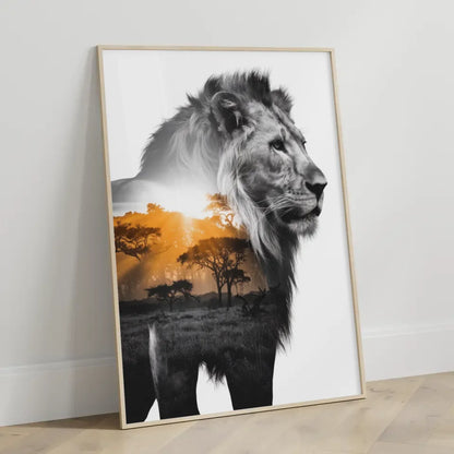 Majestätischer Löwen Poster mit afrikanischem Sonnenaufgangsdesign