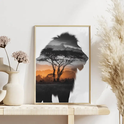 Majestätischer Löwen Poster mit afrikanischem Sonnenaufgangsdesign