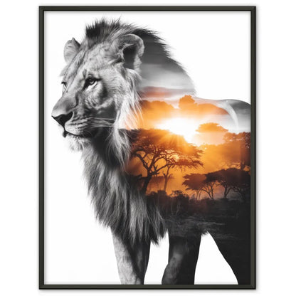 Majestätischer Löwe Poster mit afrikanischem Sonnenaufgang im Hintergrund