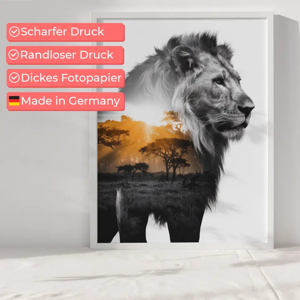 Majestätischer Löwen Poster mit afrikanischem Sonnenaufgangsdesign