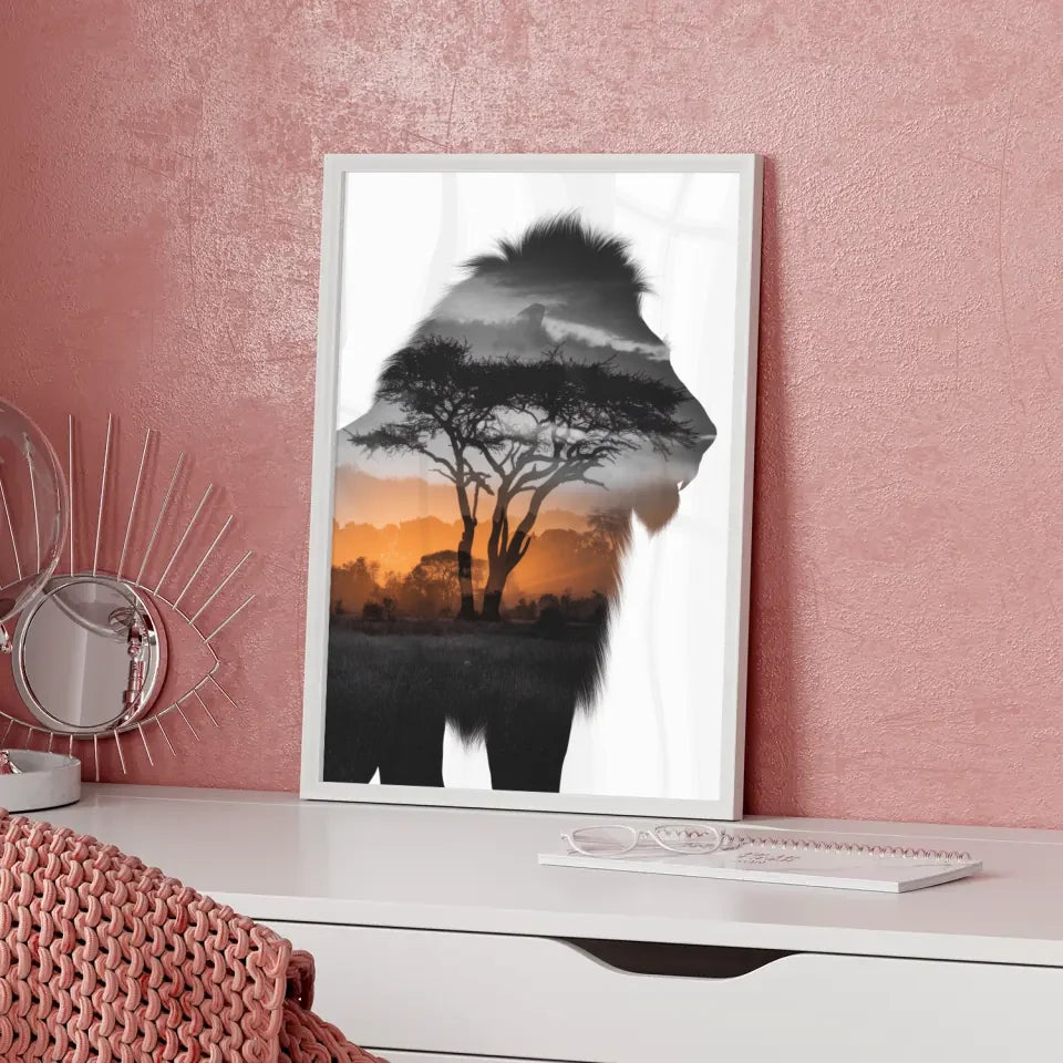 Majestätischer Löwen Poster mit afrikanischem Sonnenaufgangsdesign