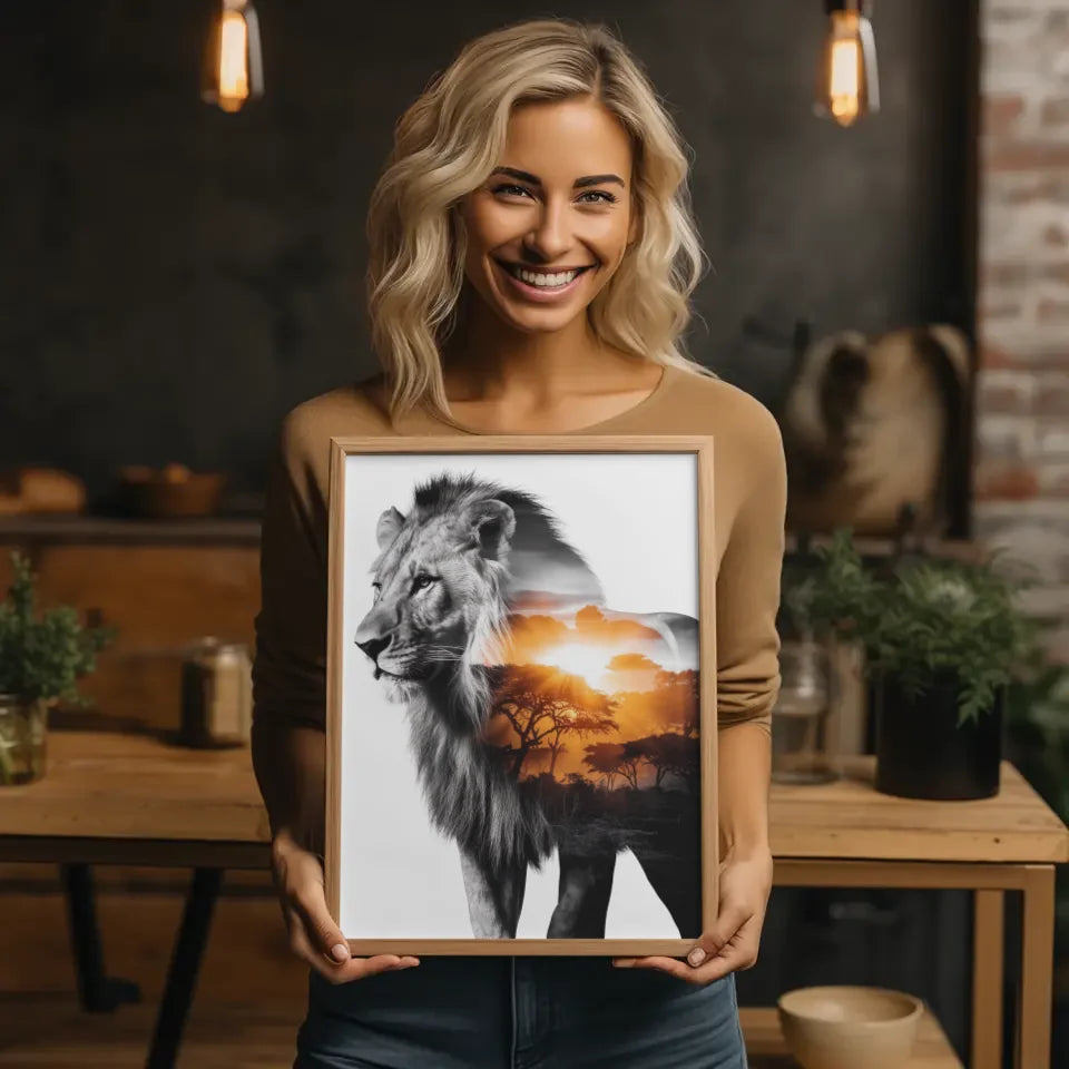 Majestätischer Löwe Poster mit afrikanischem Sonnenaufgang im Hintergrund