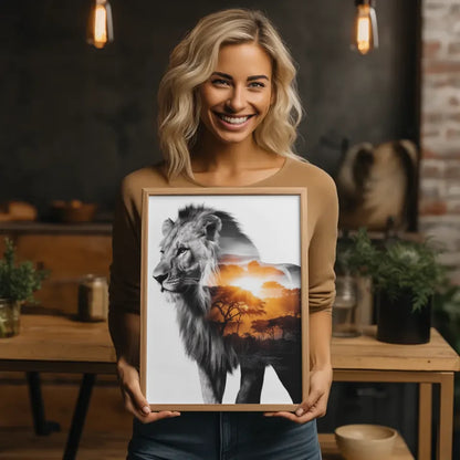 Majestätischer Löwe Poster mit afrikanischem Sonnenaufgang im Hintergrund