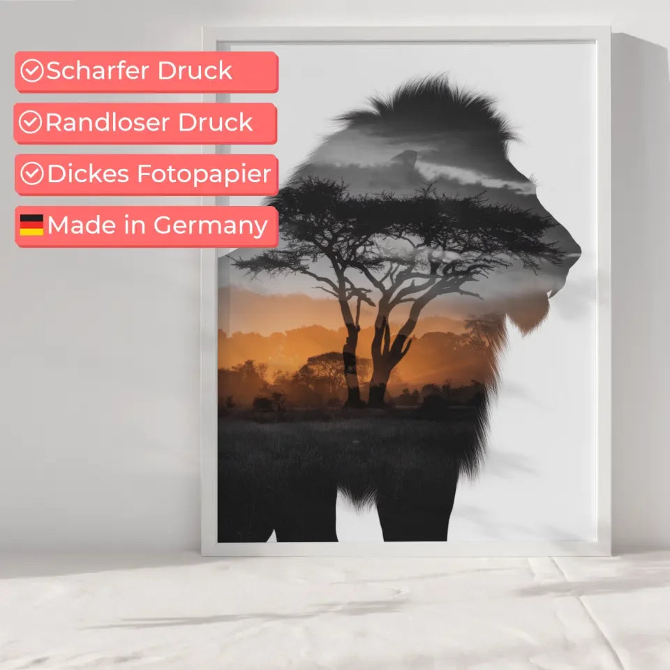 Majestätischer Löwen Poster mit afrikanischem Sonnenaufgangsdesign