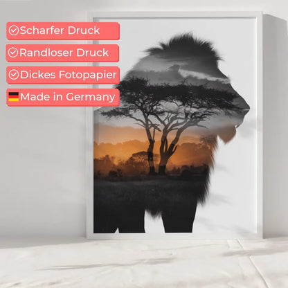 Majestätischer Löwen Poster mit afrikanischem Sonnenaufgangsdesign