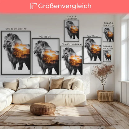 Majestätischer Löwe Poster mit afrikanischem Sonnenaufgang im Hintergrund