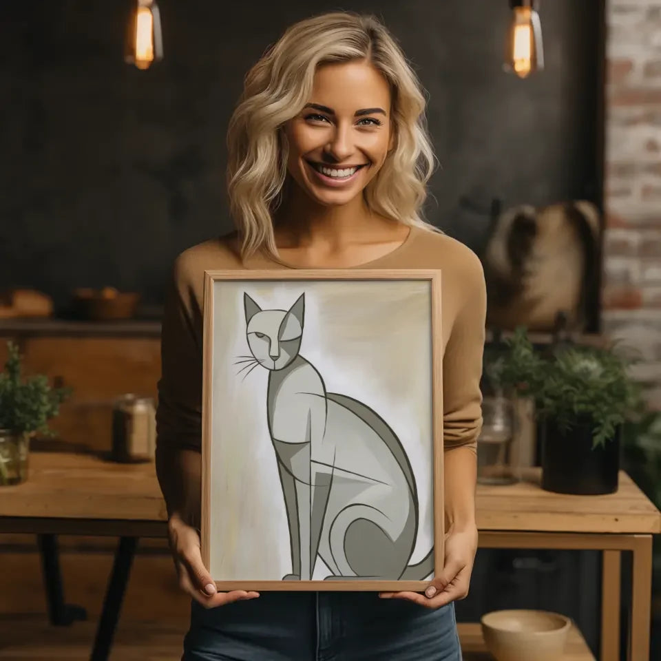 Minimalistisches Katzen Poster in neutralen Grau- und Beigetönen