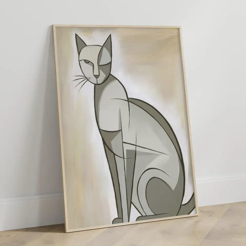 Minimalistisches Katzen Poster in neutralen Grau- und Beigetönen