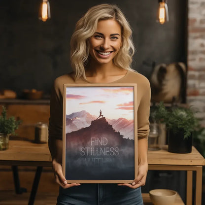 Inspirierendes Poster einsame Gestalt beim Yoga auf Berghügel im Morgengrauen