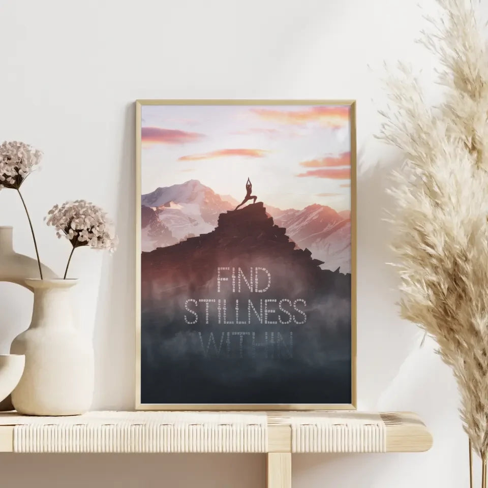 Inspirierendes Poster einsame Gestalt beim Yoga auf Berghügel im Morgengrauen