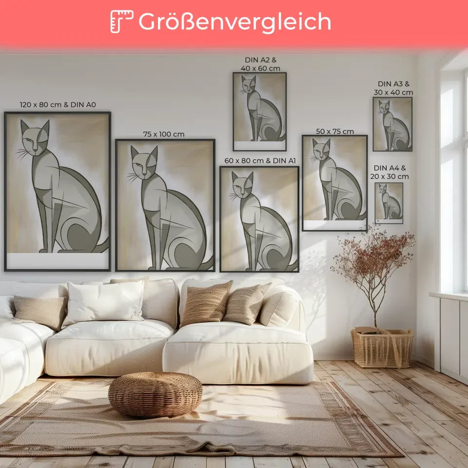Minimalistisches Katzen Poster in neutralen Grau- und Beigetönen