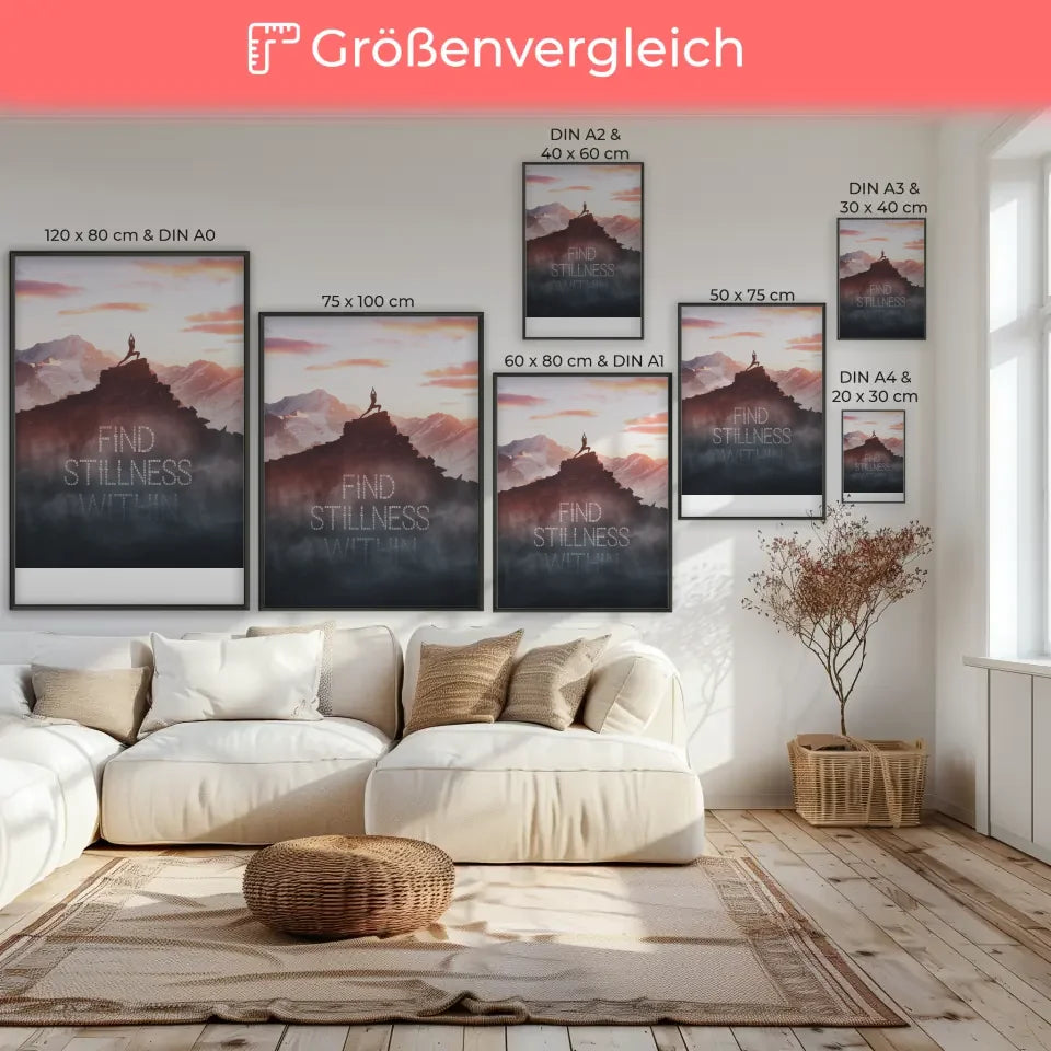 Inspirierendes Poster einsame Gestalt beim Yoga auf Berghügel im Morgengrauen