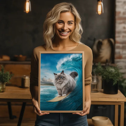 Poster flauschige Katze beim Surfen auf Wellen im azurblauen Himmel