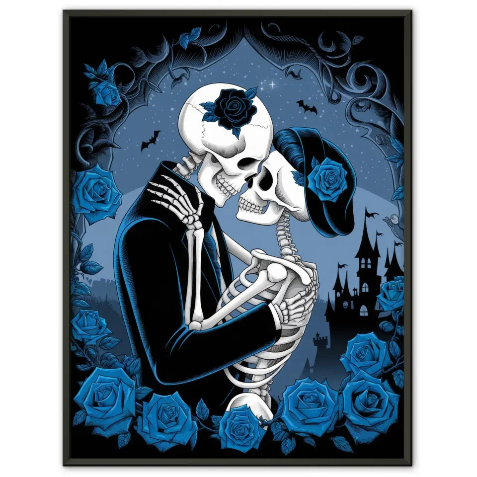 Gothic Poster Skelett Paar umarmt mystische Atmosphäre mit Rosen