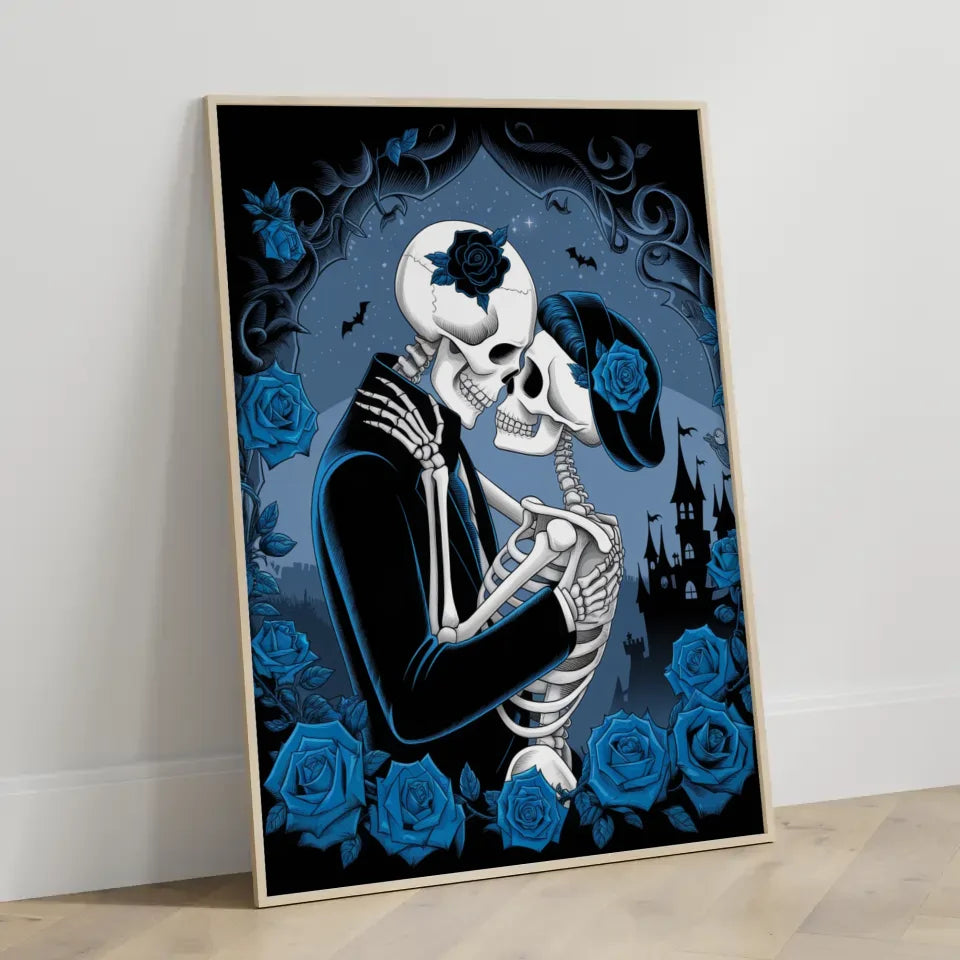 Gothic Poster Skelett Paar umarmt mystische Atmosphäre mit Rosen