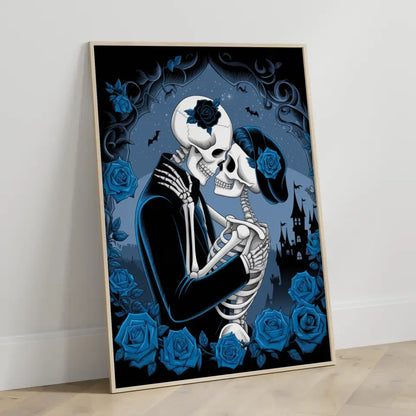 Gothic Poster Skelett Paar umarmt mystische Atmosphäre mit Rosen